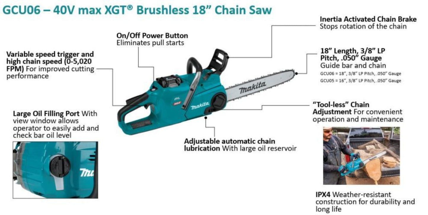 Makita GCU06T1 40V MAX XGT 18 In. 5.0Ah Chainsaw Kit